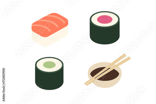 Various types of sushi served with chopsticks and soy sauce in a minimalistic setting
