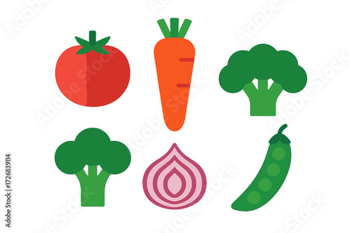 Colorful assortment of fresh vegetables on a white background featuring tomato, carrot, broccoli, onion, and pea pods