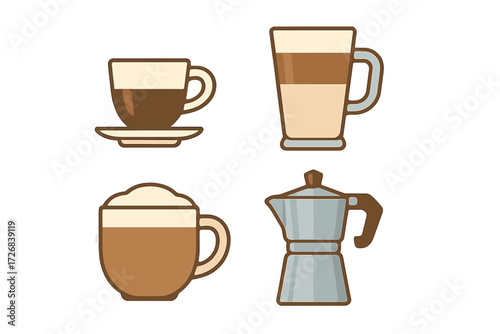 Delicious coffee drinks and brewing equipment displayed in a simple design