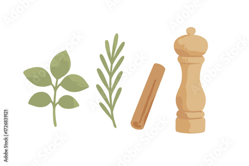 Fresh herbs and spices arranged on a white background for culinary inspiration and seasoning ideas