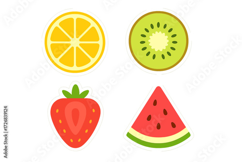 Colorful fruit slices featuring lemon, kiwi, strawberry, and watermelon in a simple design