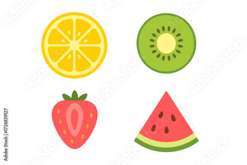 Bright and colorful fruit stickers featuring lemon, kiwi, strawberry, and watermelon for summer fun