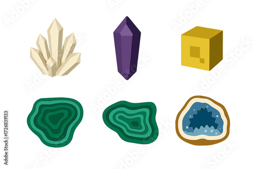 Colorful collection of mineral formations displayed on a white background in an artistic arrangement