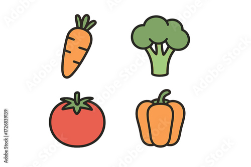 Colorful vegetables including carrot, broccoli, tomato, and bell pepper arranged on a plain background