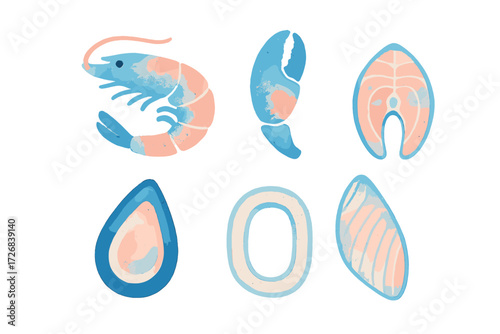 Colorful illustrations of various seafood items displayed on a white background, showcasing their unique shapes and textures