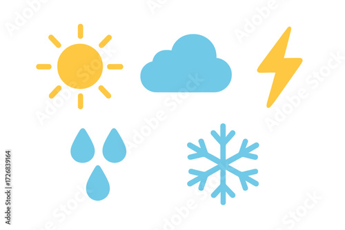 Weather symbols representing sunny, cloudy, rainy, stormy, and snowy conditions in a simple design