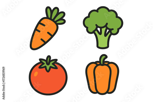 Colorful cartoon vegetables including carrot, broccoli, tomato, and bell pepper arranged in a playful style