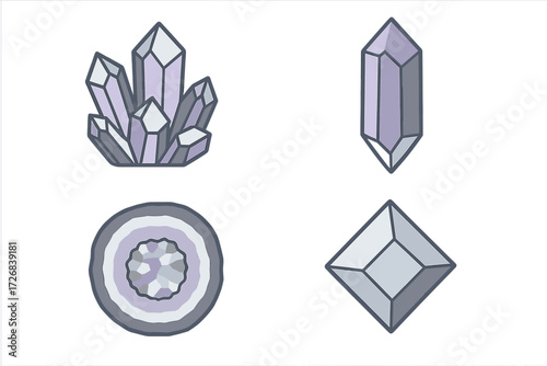 Various purple crystals displayed in a clean and simple arrangement showcasing their unique shapes and textures