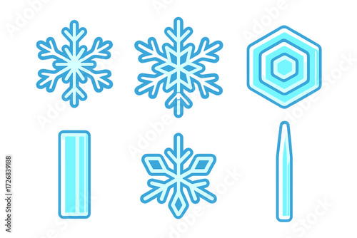 Different shapes of snowflakes and ice crystals showcasing unique designs and patterns in a cool, blue color scheme