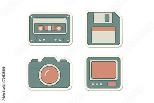 Collection of retro technology icons including cassette tape, floppy disk, camera, and monitor from the 1980s and 1990s