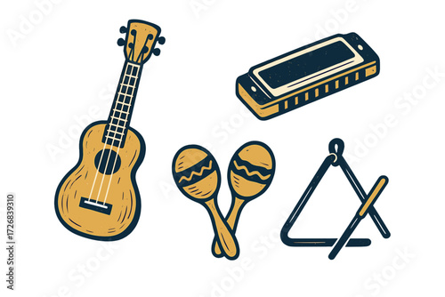 Musical instruments including a ukulele, harmonica, maracas, and triangle arranged for a lively jam session