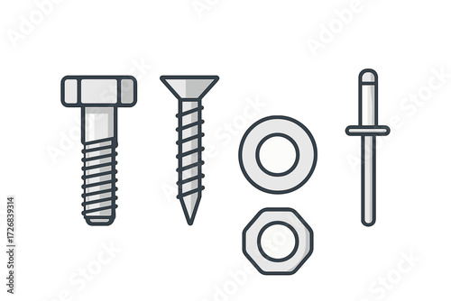 Collection of metal fasteners including bolts, screws, nuts, and washers on a plain background showcasing their designs and uses