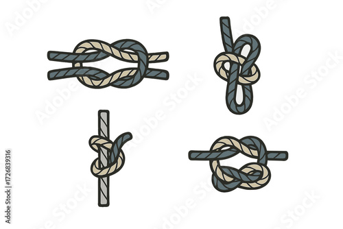 Various types of knots illustrated with simple designs for educational purposes and crafting reference