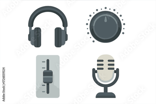 Music production equipment including headphones, microphone, and sound mixer displayed in a modern design layout