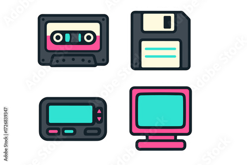 Vintage technology icons including cassette, floppy disk, pager, and old computer illustration in bright colors