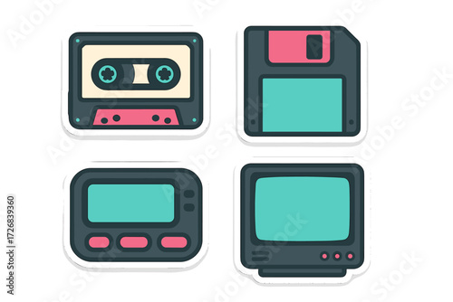Vintage communication devices showcasing cassette tape, floppy disk, radio, and old television in a simplistic design