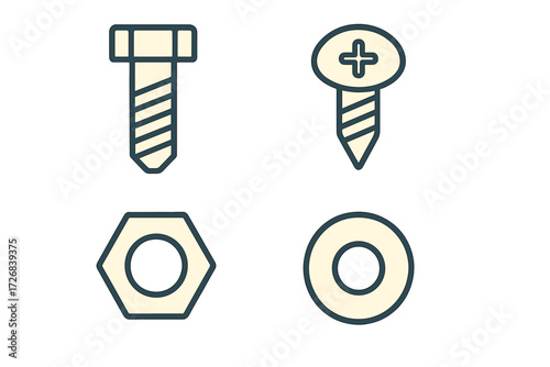 Common fasteners including bolts, screws, nuts, and washers on a plain background
