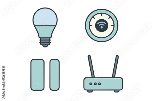 Smart home devices including a light bulb, a thermostat, a pause button, and a router showcased in modern design