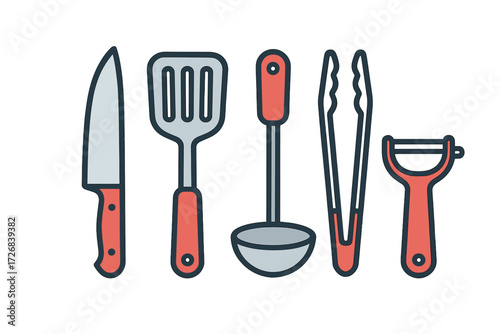 Kitchen utensils including a knife, spatula, tongs, ladle, and peeler lined up for cooking preparation
