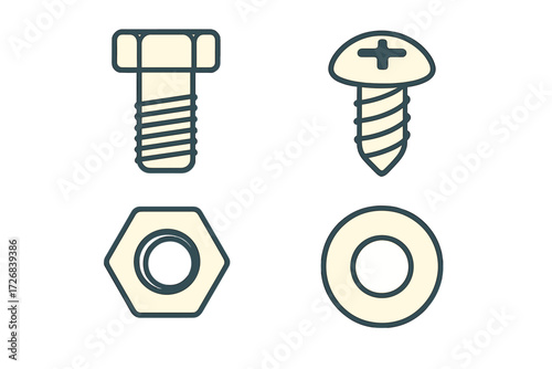 Various types of fasteners including bolts, screws, nuts, and washers displayed on a simple background