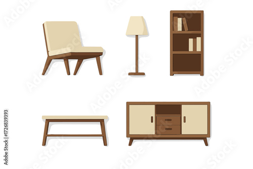 Various pieces of modern furniture featuring a chair, lamp, bookshelf, and cabinet in a minimalist style