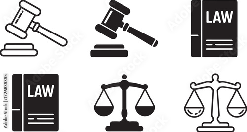 Vector art of law and justice icons in black and white