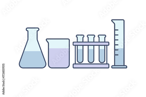 Chemistry lab equipment lined up with liquids in beakers and test tubes under laboratory lighting