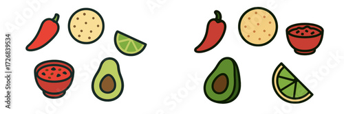 Colorful ingredients for delicious Mexican dish preparations featuring avocados, lime, chili, and tortilla