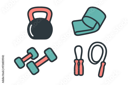 Fitness equipment for home workouts with weights and exercise tools in bold colors