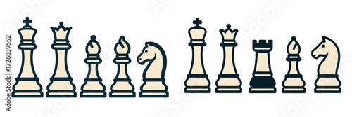 Variety of chess pieces displayed in a row with distinct designs and colors on a white background for a classic game setting