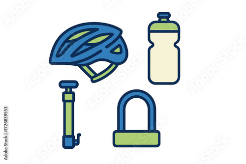 Bicycle safety gear and accessories including helmet, water bottle, pump, and lock displayed on a flat surface