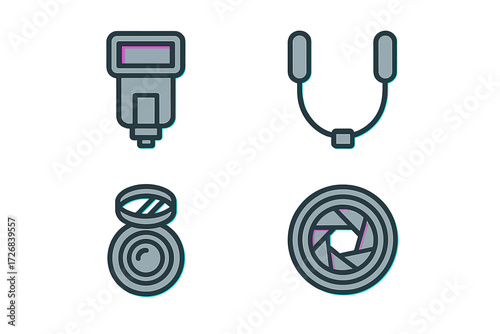 Camera accessories including flash, microphone, lens cap, and camera lens in a simple graphic design