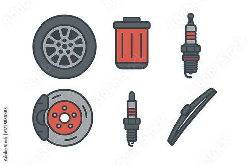Car parts collection featuring wheel, brake disc, spark plug, garbage bin, and windshield wiper in a simple design layout