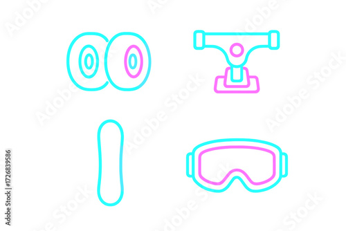 Colorful skateboarding gear including wheels, trucks, grip tape, and goggles in vibrant design