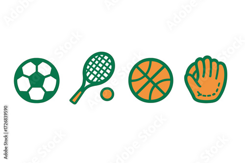 Various sports equipment displayed together, including soccer ball, tennis racquet, basketball, and baseball glove