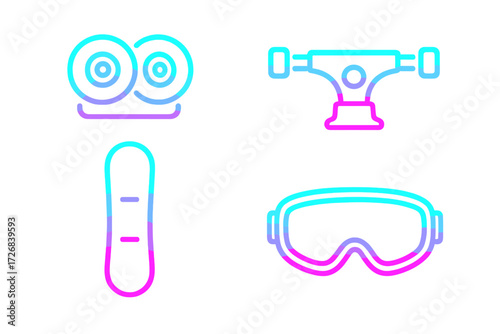 Colorful icons representing winter sports equipment including snowboard and goggles