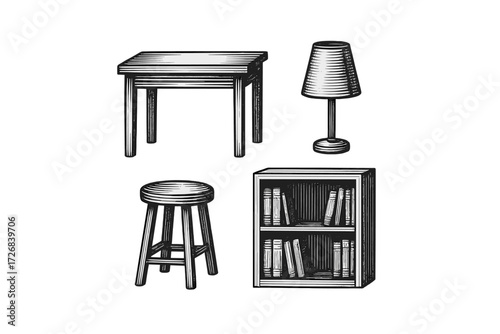 Wooden furniture set including a table, lamp, stool, and bookshelf in a simple style for home decor