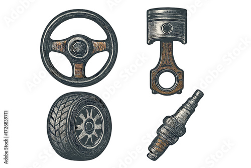 Detailed illustrations of car parts including steering wheel, piston, tire, and spark plug in a minimalist design