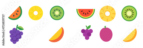 Colorful assortment of fruits arranged in a fun and vibrant pattern on a white background