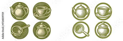 Vintage illustrations of tea-related items in artistic circular designs for a cozy atmosphere