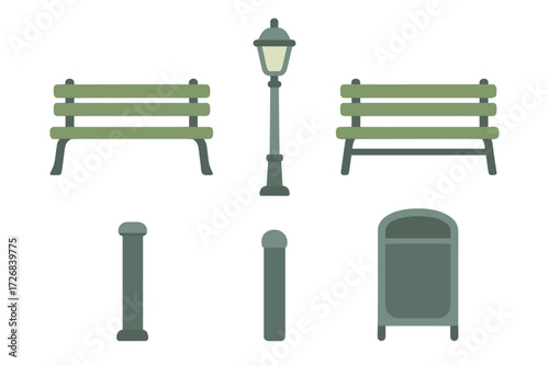 Park furniture and street elements create a pleasant urban environment during afternoon hours