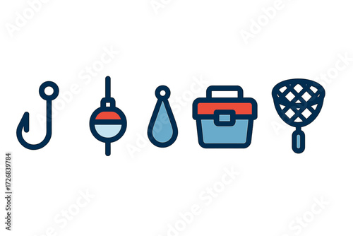 Fishing gear collection showcasing hooks, bobbers, weights, tackle boxes, and nets for outdoor enthusiasts