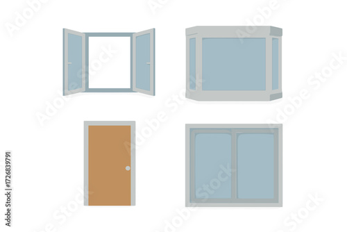 Four simple illustrations of windows and doors featuring open and closed designs for modern architecture