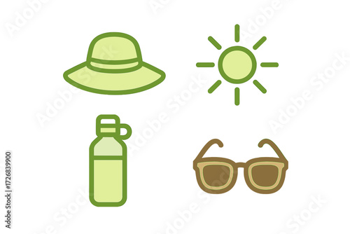 Summer essentials for outdoor activities including a hat, water bottle, sunglasses, and sun