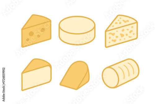 Different types of yellow cheese displayed on a simple white background