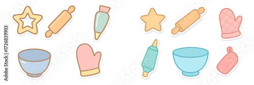Cute baking utensils and tools illustrated for fun cooking activities with kids in a cheerful kitchen setting