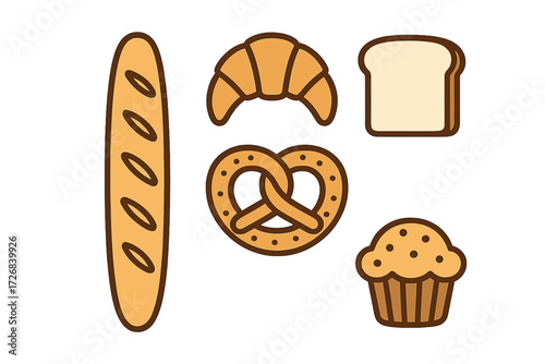 Variety of baked goods displayed including baguette, croissant, pretzel, loaf of bread, and cupcake
