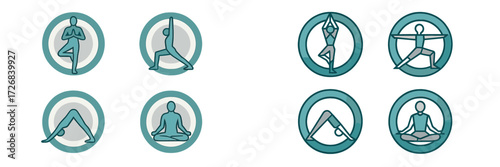 Various yoga poses displayed in simple icons representing balance, strength, and relaxation techniques for fitness enthusiasts and practitioners