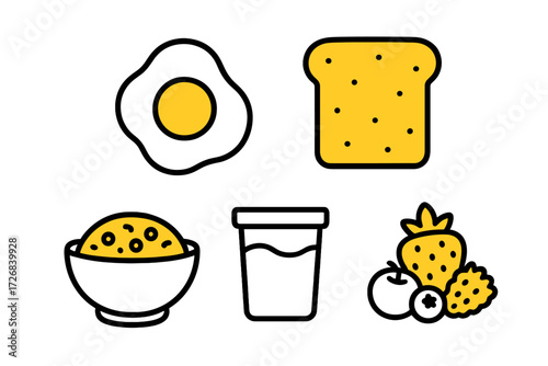Breakfast items including eggs, toast, yogurt, juice, and fruits arranged in a colorful illustration