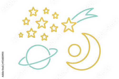 Bright and colorful celestial symbols featuring stars, a comet, a planet, and a moon against a white background